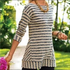 Soft Surroundings Marina Cotton Black & Beige Striped Long Sleeve Knit Tunic Top